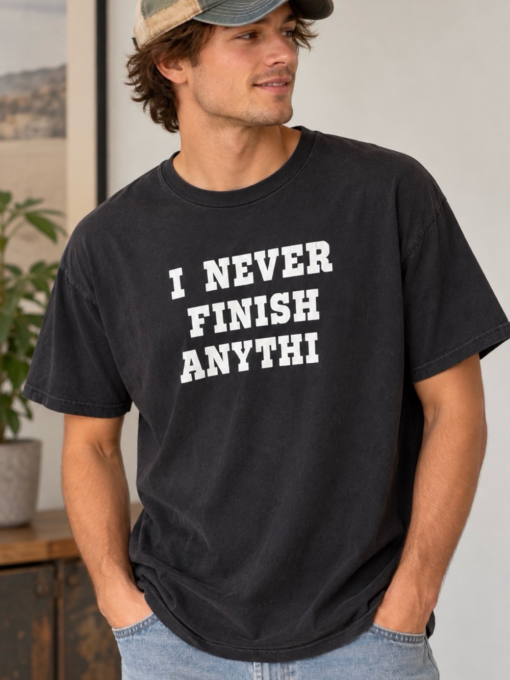 Gildan Black "I Never Finish Anythi" Graphic T-Shirt mens Size XL